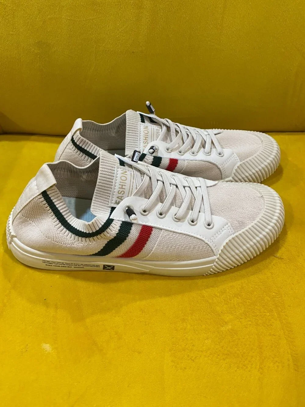 Vintage Inspired White Knit Fashion Sneakers | Green Red Stripe Casual Shoes